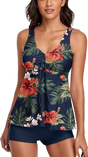 Omichic Modest Tankini Swimsuits for Women Two Piece Bikini Tank Top with Boyshorts Tummy Control Bathing Suits