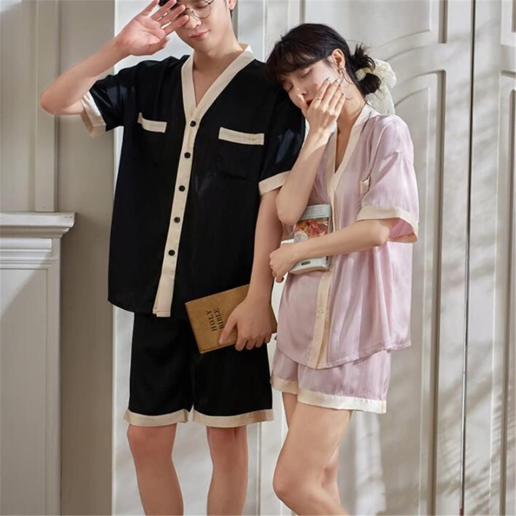 SDGH Contrasting Color Couple Pajamas Women's Summer Ice Silk Thin Short-Sleeved Men's Home Wear (Color : D, Size : XXLcode)