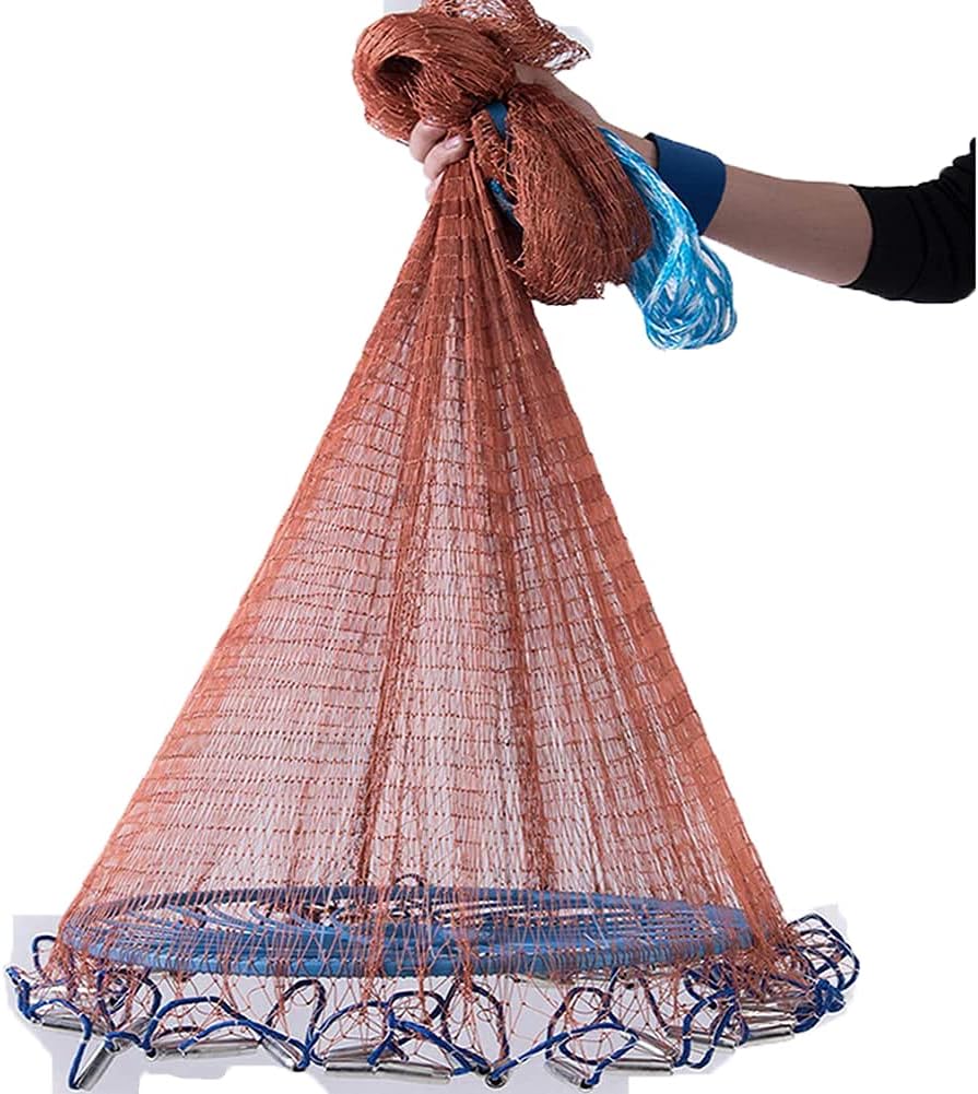 CINGHI LUSSO Tire line Fishing Cast Net with Flying Disc 4-12FT Radius Size Heavy Duty Iron Sinkers Throw Net for Bait Trap Fishing 4/5 Inch Mesh Size