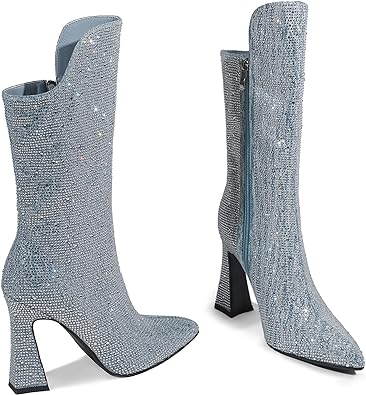 BECKNAD Women's Knee High Boots Rhinestone Wide Calf Boots for Women Pointed Toe Chunky Heel Boots 10.5 cm Sparkly Boots for Women