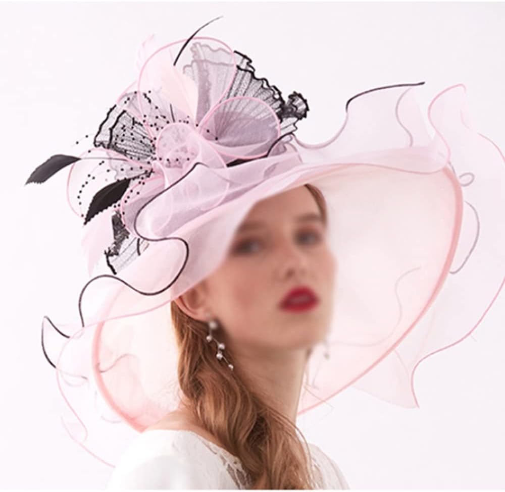 Summer Ladies Church Hat Organza Ladies Tea Party Wedding Hat Large Wide (Color : A, Size : 56-58CM)