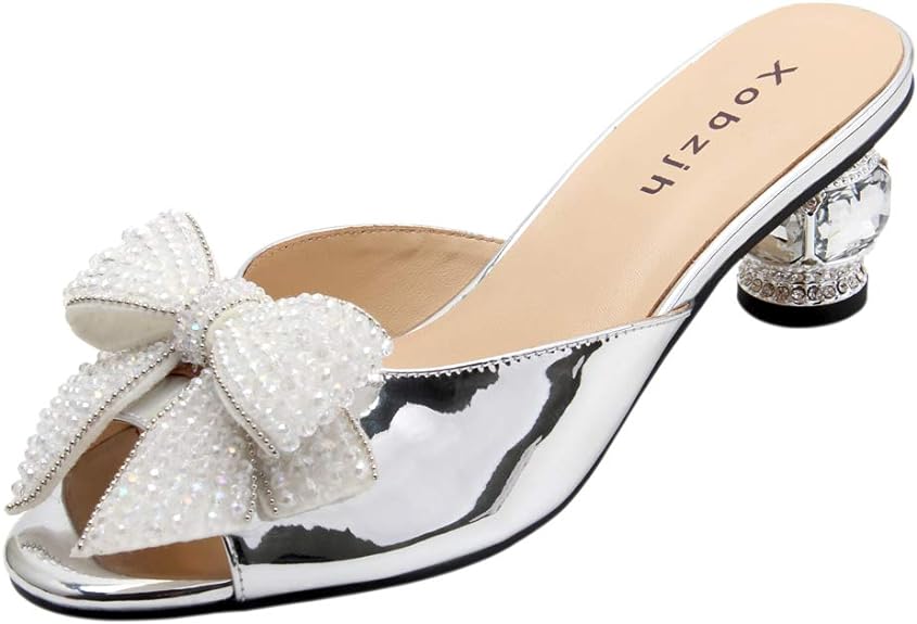 jingyibest designer slides evening gold dress shoes for womens -open toe rhinestone heels formal sandals for women- jewel block heels wedding clear shoes