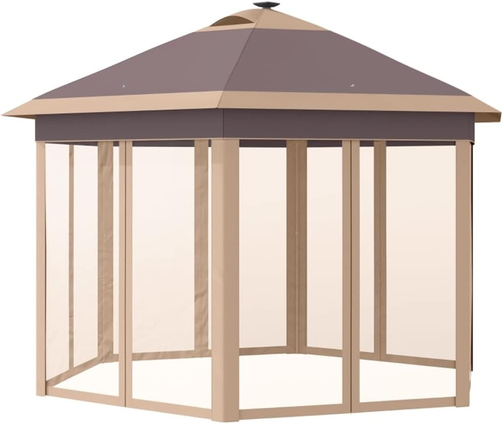 ZZBJ 11' X 13' Pops Up Canopy Tent with Solar LED Light, Carry Bag and Netting, Hexagonal Instant Tents for Parties