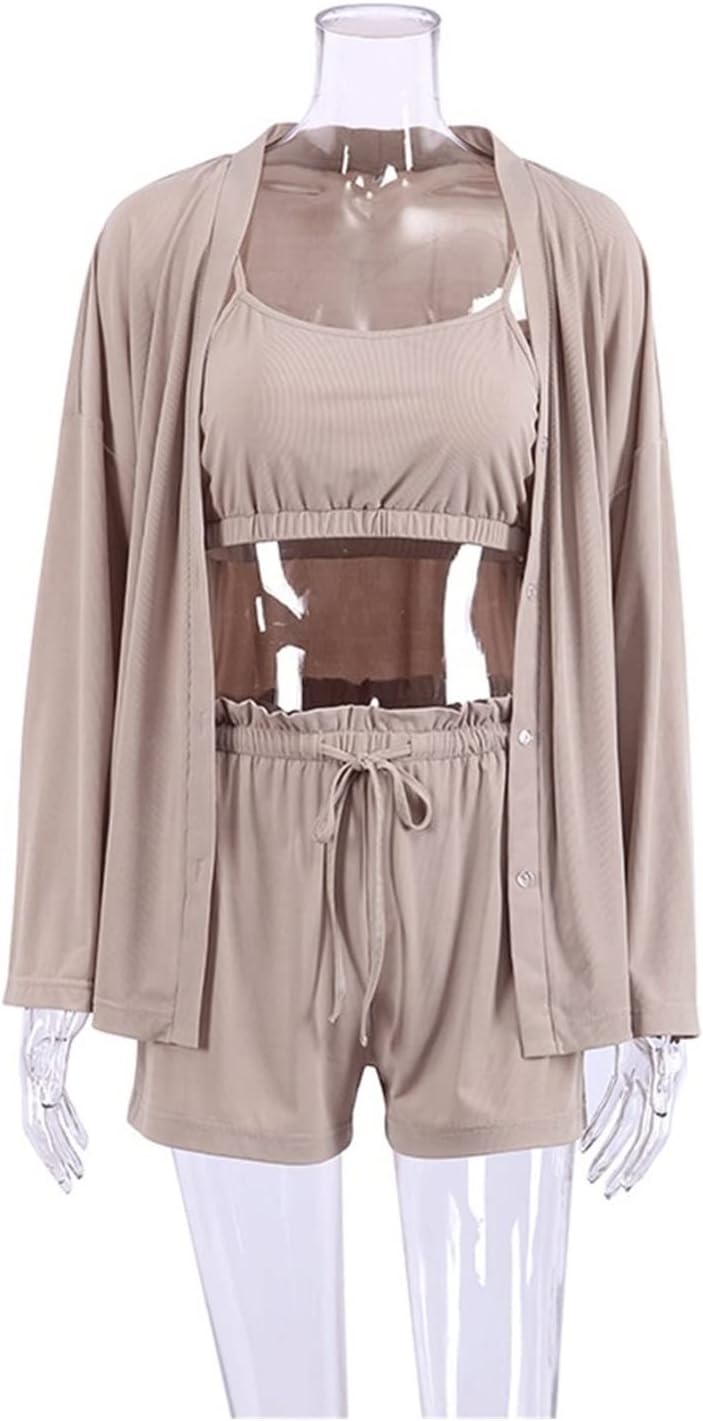 ZLXDP Summer Knitted Ice Silk Ribbed Wrapped Underwear Comfortable Female Pajamas Three Sets of Home Wear Women (Color : D, Size : S Code)