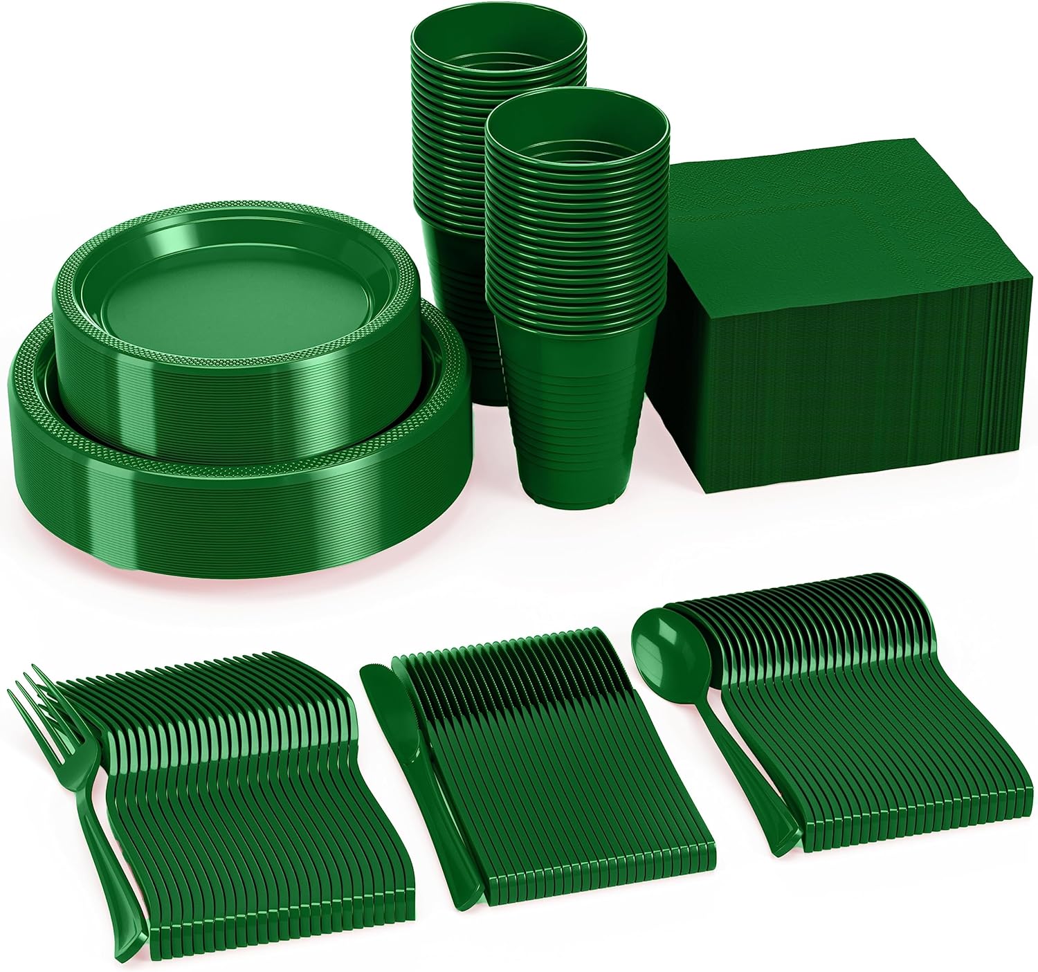 350 PCS Disposable Tableware Combo Pack INCLUDES: 50 9" Green Plastic dinner plates | 50 7" plastic appetizer plates |50 plastic cups | 50 paper...