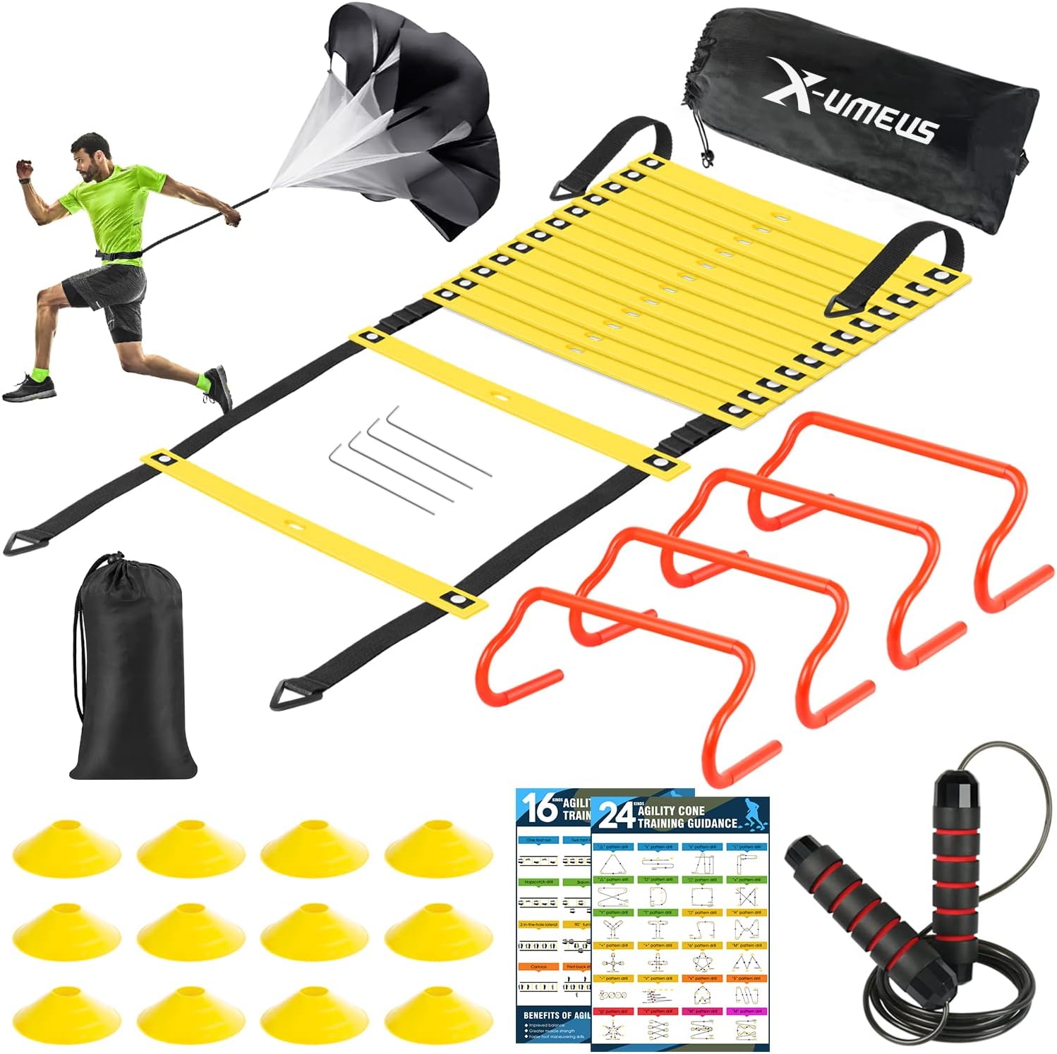 X-UMEUS Agility Ladder Speed Training Equipment Set-20ft Agility Ladder,12 Soccer Cones,4 Hurdles, Jump Rope, Running Parachute| Basketball Football Soccer Training Equipment for Kids Youth Adults