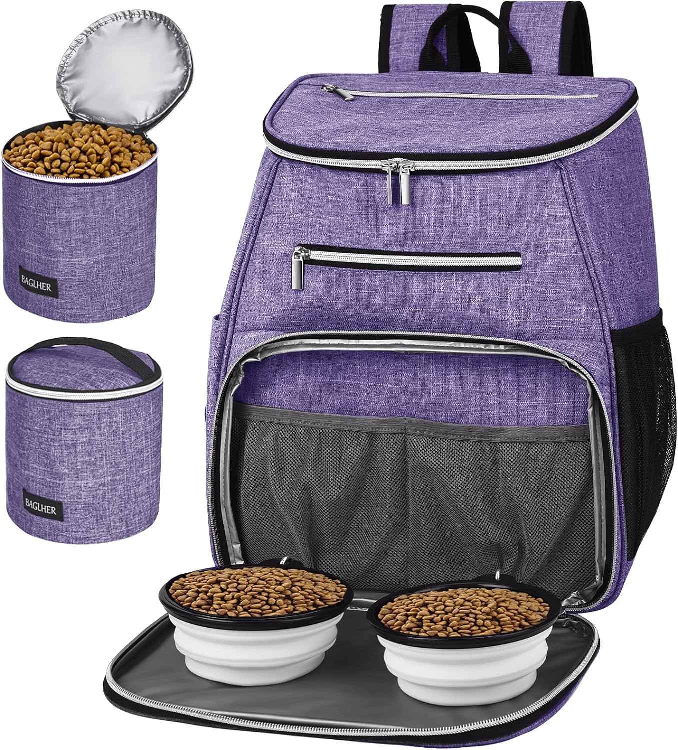 BAGLHER 丨Dog Travel Bag Backpack,Airline Approved Pet Supplies Backpack,Dog Travel Backpack with 2 Silicone Collapsible Bowls and 2 Food Baskets Purple
