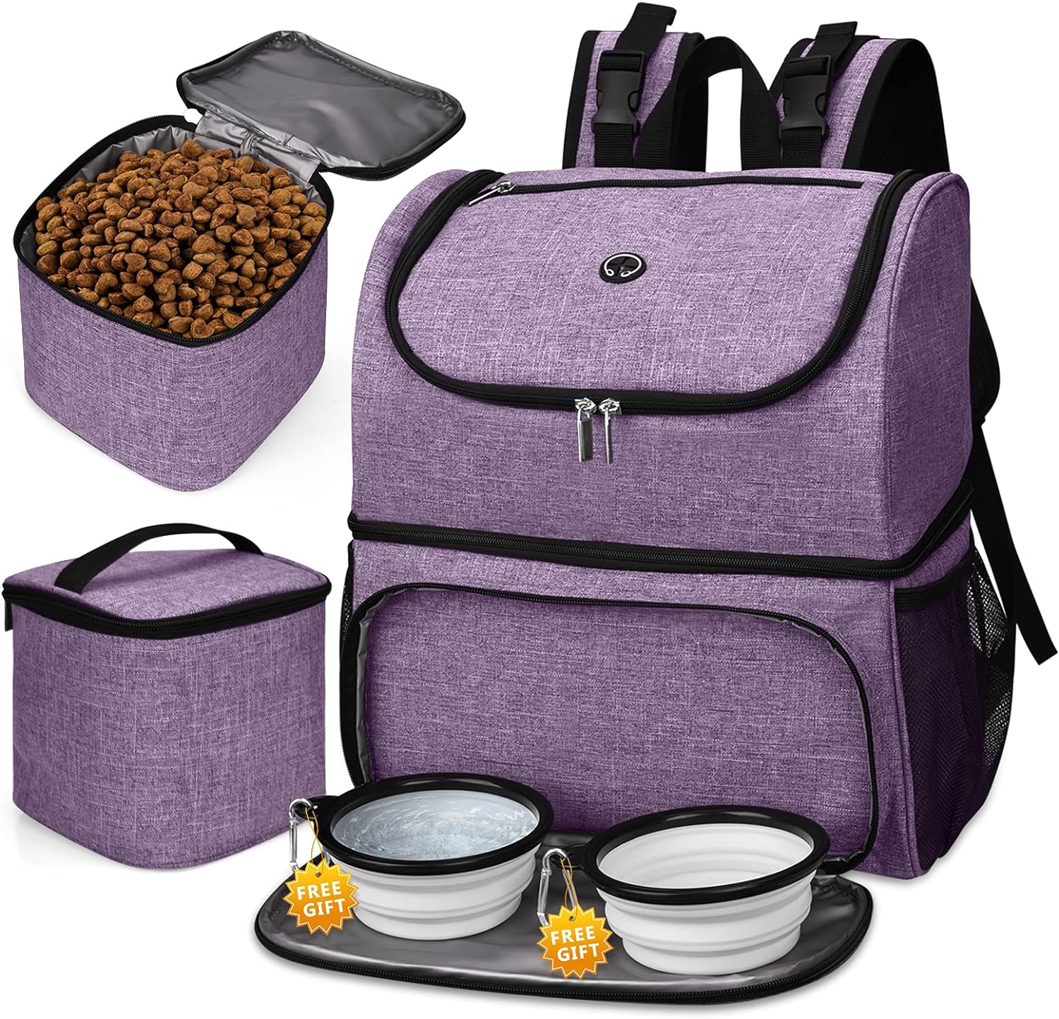 BAGLHER Pet Travel Bag, Double-Layer Pet Supplies Backpack (for All Pet Travel Supplies), Pet Travel Backpack with 2 Silicone Collapsible Bowls and 2 Food...