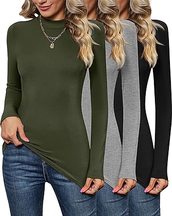 Xaatren 3 Pack Women's Mock Turtlenecks Shirts, Long Sleeve Slim Fitted Tops Stretch Basic Lightweight Bustier Tee