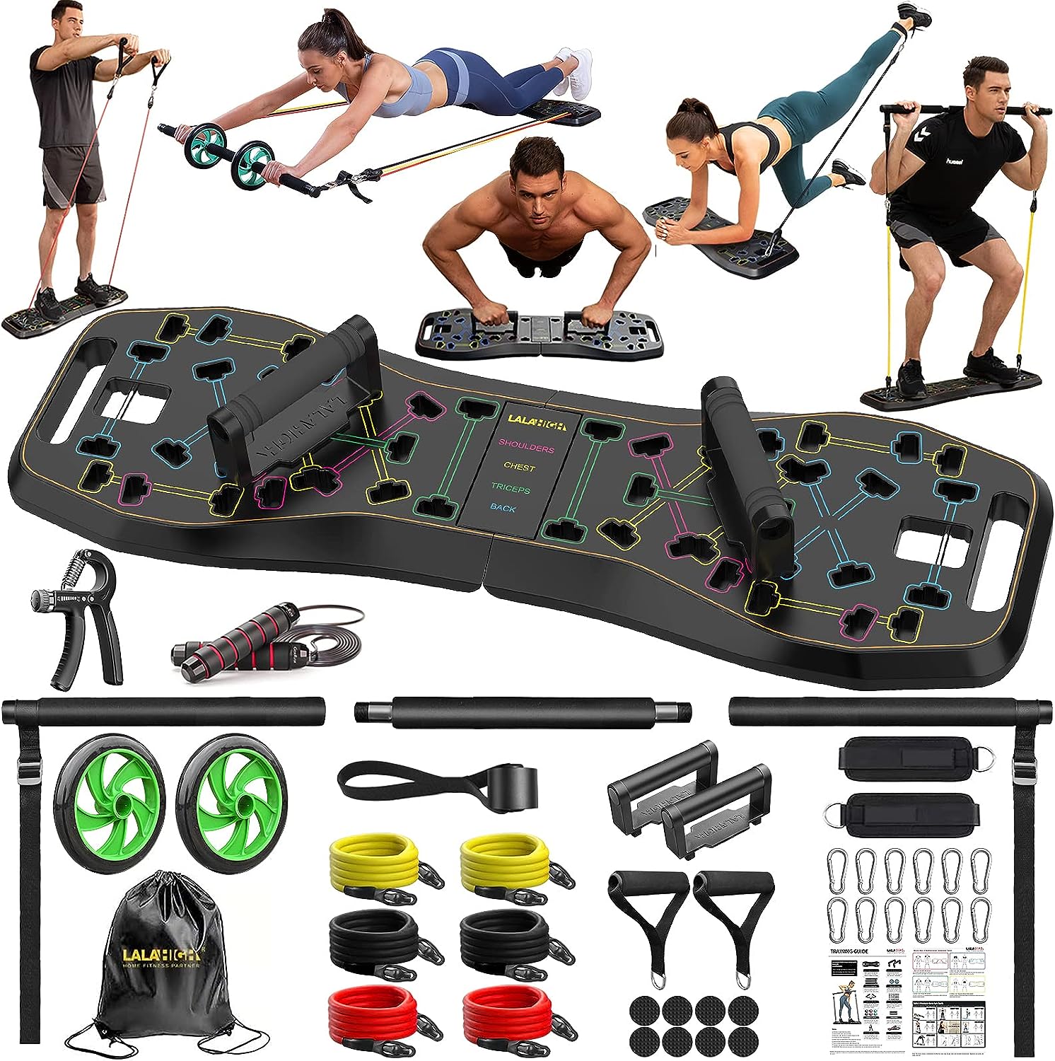 LALAHIGH Portable Home Gym System: Large Compact Push Up Board, Pilates Bar & 20 Fitness Accessories with Resistance Bands Ab Roller Wheel - Full Body Workout for Men and Women, Gift Boyfriend (Black)