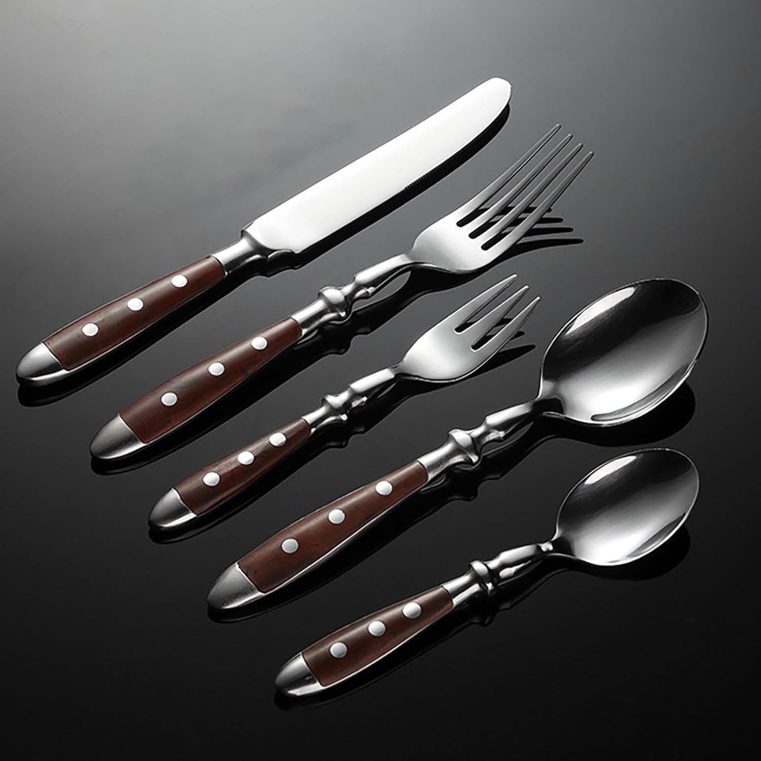 IKXO 5 Pieces Brown Gum Wood Handle Silverware Set for 1, Exquisite Ergonomic Flatware Set Food-Grade Stainless Steel Cutlery Set, Tableware Eating Utensils...