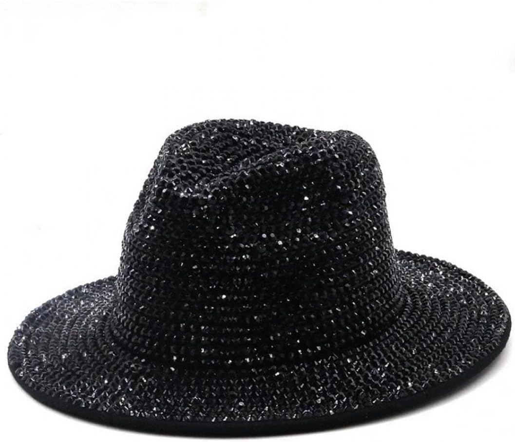 Ruluti Women's Bling Rhinestone Wide Panama Hat Visor Fedora Hat Cap Light Up Jazz Caps Costume Hats Accessory Mens Ladies, Black, 56-58cm