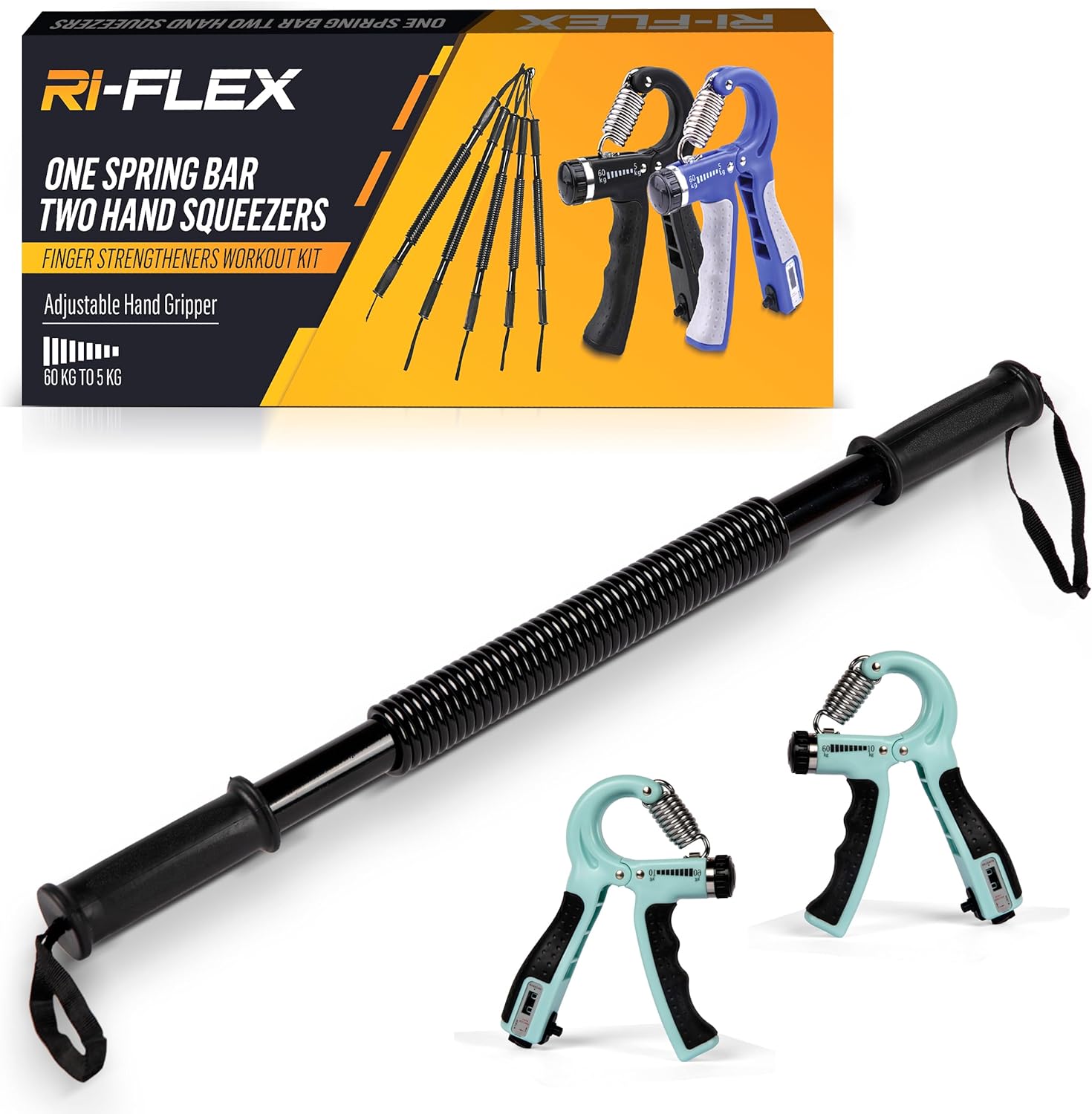 Ri-Flex Power Twister Bar 20kg-60kg - Arm Spring Exerciser with Hand Squeezers - Perfect for Bend Bar Exercise, Arm Strengthening Workout & Toning Muscles,