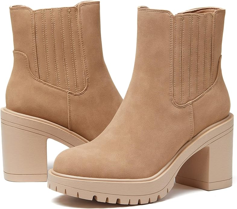 Womems Platform Lug Sole Ankle Boots Chunky Block Heel Seam Booties Combat Cozy Round Toe Chelsea Shoes