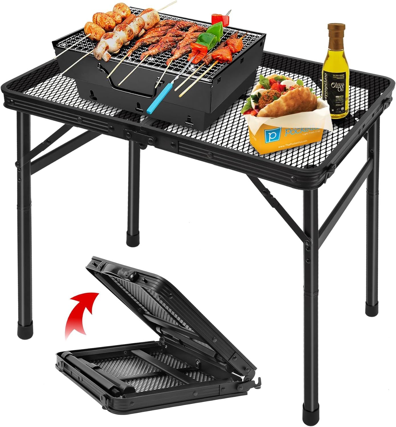 Grovind Folding Grill Table Camping Table with Mesh Desktop, Lightweight & Portable Outdoor Picnic Table, Height Adjustable Portable Grill Table for...