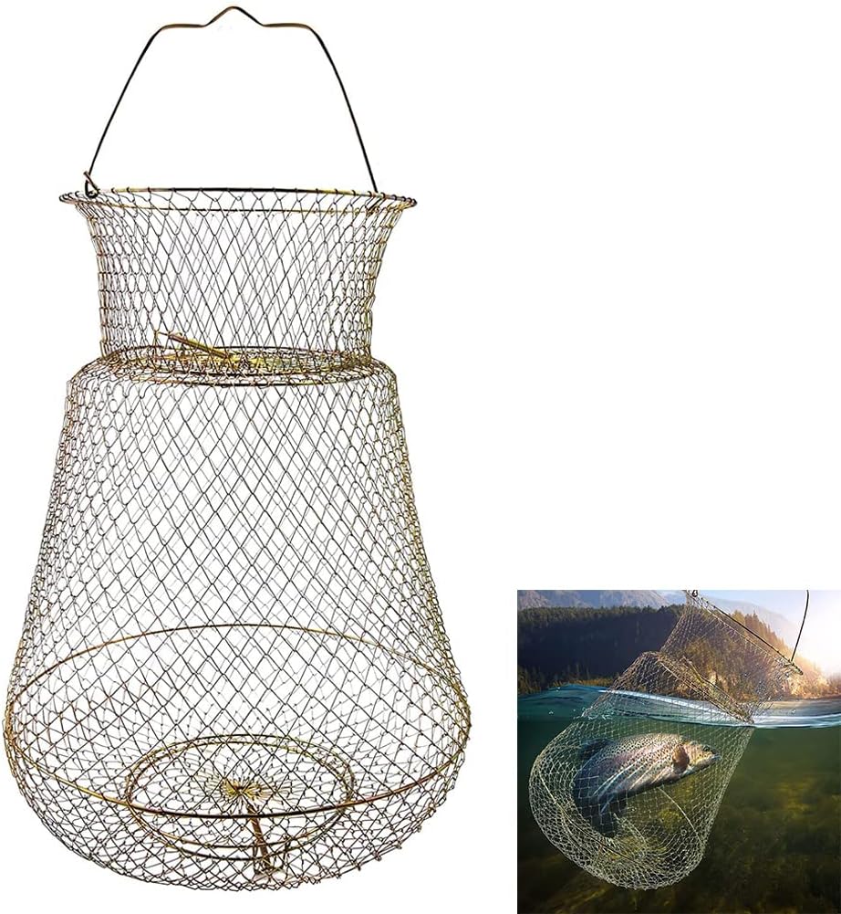 PSGGARY Steel Wire Fish Basket Galvanized, Collapsible Fish Crab Crawfish Basket, Metal Rustproof Fish Basket, Portable Fishing Basket Cage for Fish Outdoor