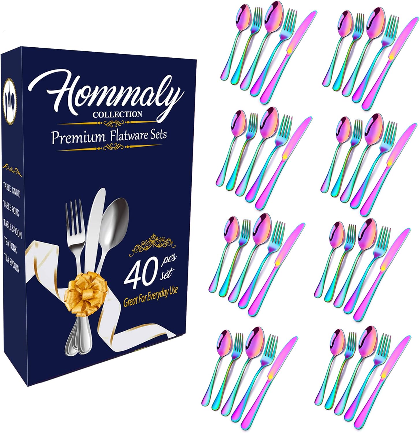 Rainbow Silverware Set Colorful Stainless Steel flatware Dinnerware Set, Colored Tableware Set for 8, 40 piece flatware Set Service for 8, Mirror Finish Multicolor Cutlery Set (rainbow 40)