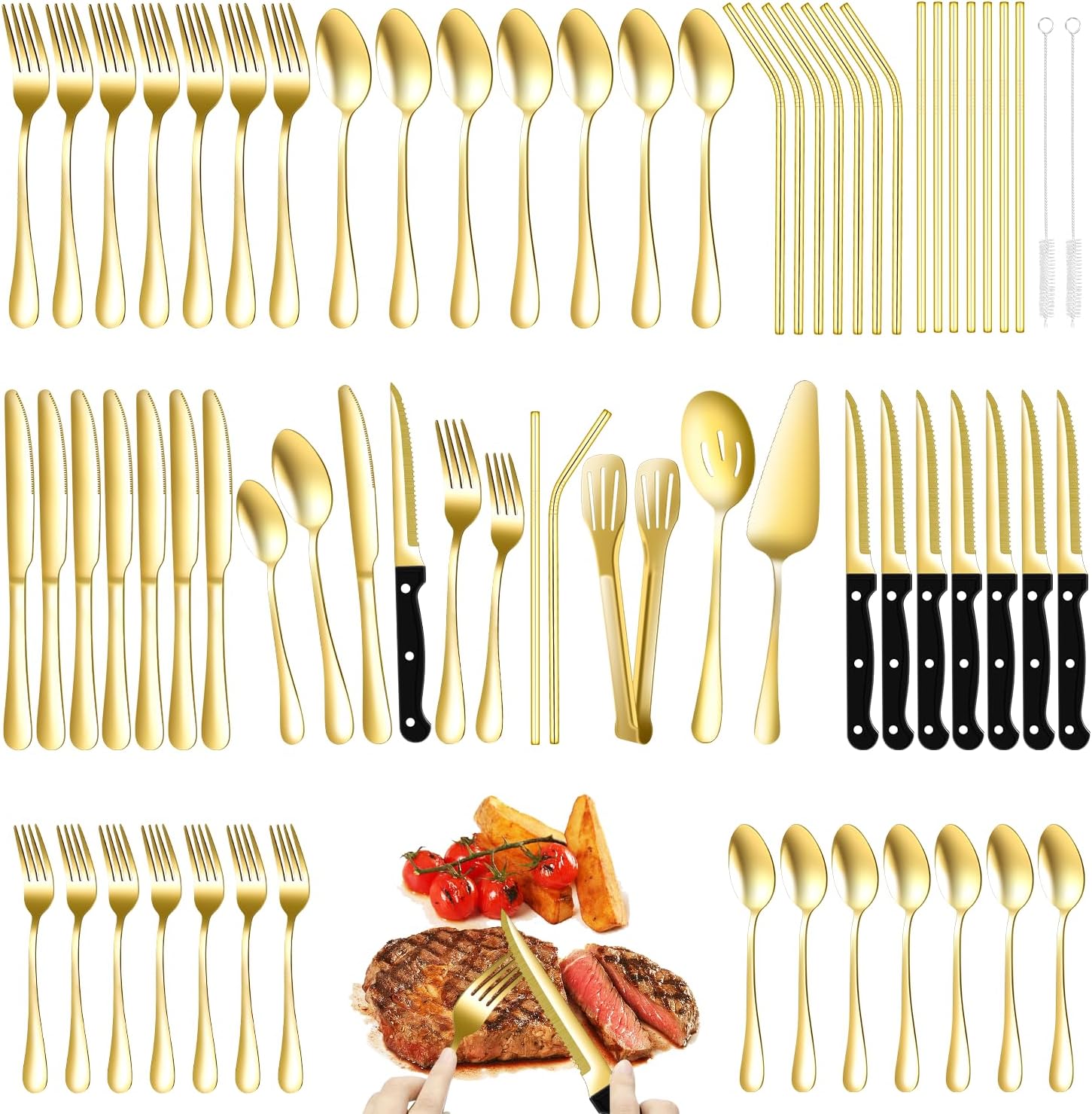 69 Piece Gold Silverware Set with Steak Knife Service For 8, Golden Flatware Cutlery Set Stainless Steel Utensils Mirror Polishe Spoons and Forks with Metal...