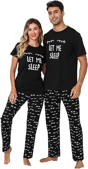 EISHOPEER Couple Pajama Sets Cute Printed Short Sleeve Top and Long Pants Sleepwear for Men and Women Soft Pjs Sets