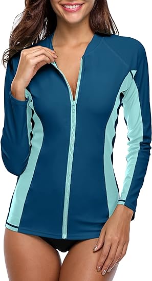 ATTRACO Women's Rashguard Swimsuit Zip Front Sun Protection Swim Shirt UPF 50+