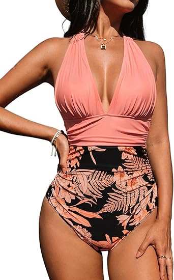 CUPSHE Women V Neck One Piece Swimsuit Halter Backless Ruched Tummy Control Bathing Suit