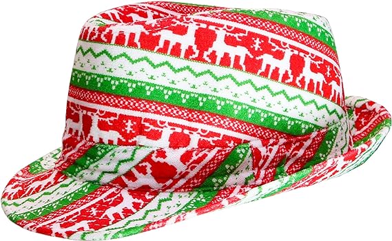 Skeleteen Ugly Sweater Fedora Hat - Funny Christmas Holiday Red and Green Ugly Sweater Party Hat for Adults and Kids