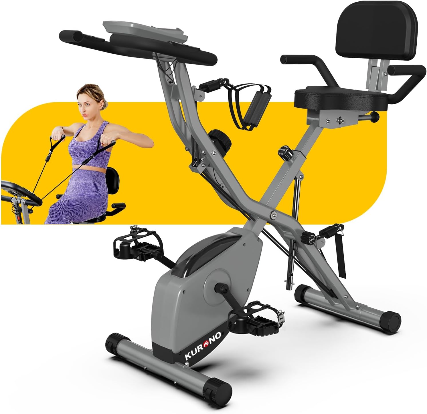 KURONO Stationary Exercise Bike for Home Workout | 4 IN 1 Foldable Indoor Cycling Bike for Seniors | 330LB Capacity, 16-Level Magnetic Resistance, Seat Backrest