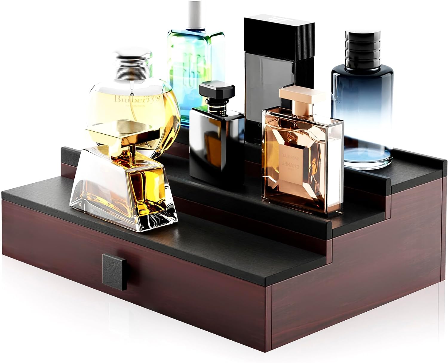 HOTCAN Wooden Cologne Stand Organizer for Men - 3 Tier Perfume Organizer with Drawer and Hidden Compartment - Perfect for Organizing and Storing Colognes...