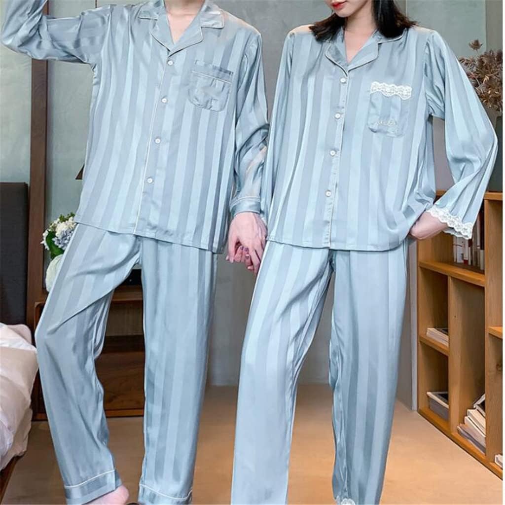 GELTDN Blue Striped Homewear Suit Couple Pajamas Women's Ice Silk Thin Men's Long Sleeves (Color : A, Size : Women-XL Code)