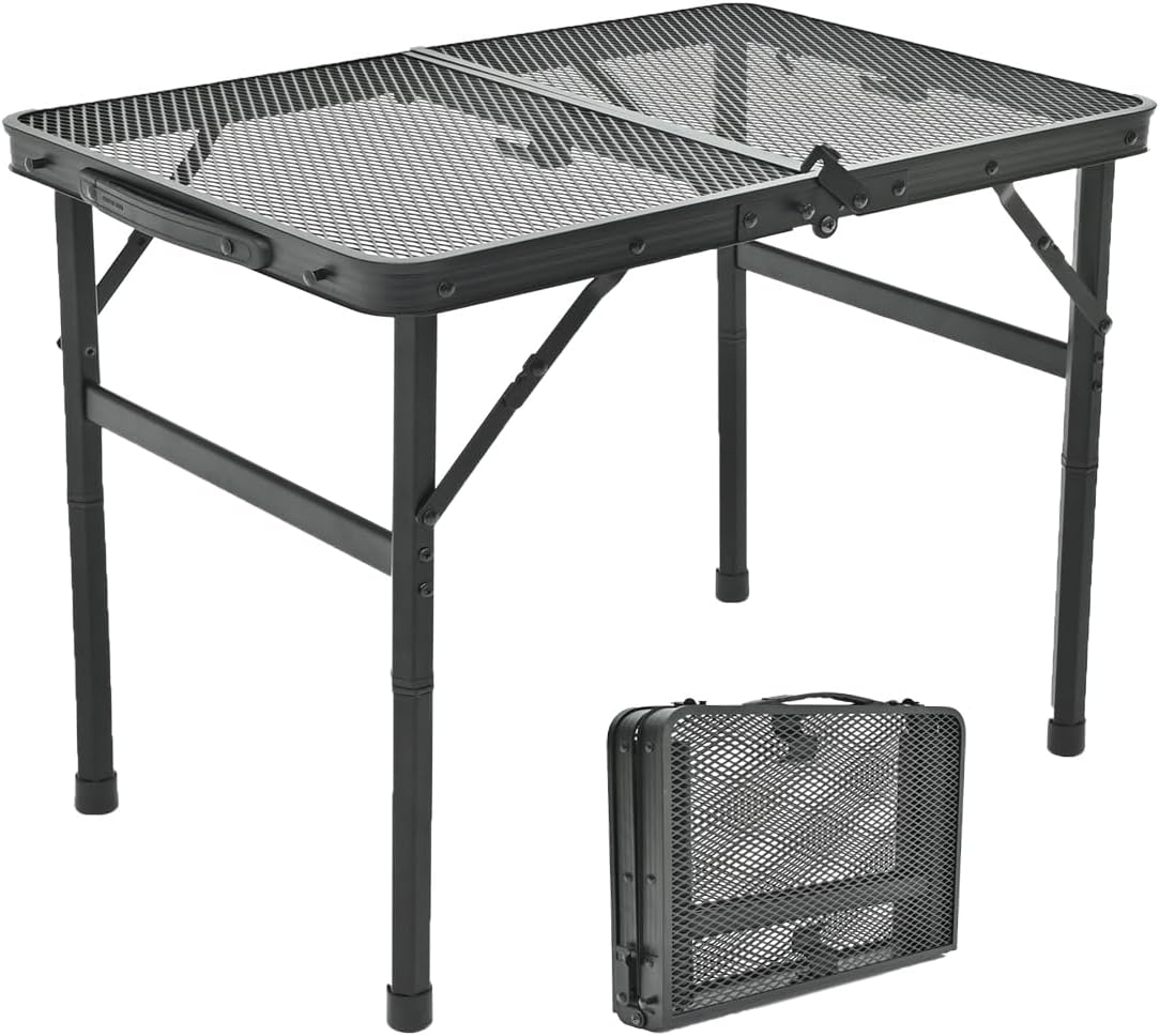 Goaylate Camping Table, 2 ft Folding Grill Table with Mesh Desktop, Anti-Slip Feet, Height Adjustable, Lightweight & Portable Aluminum Outdoor Table for...