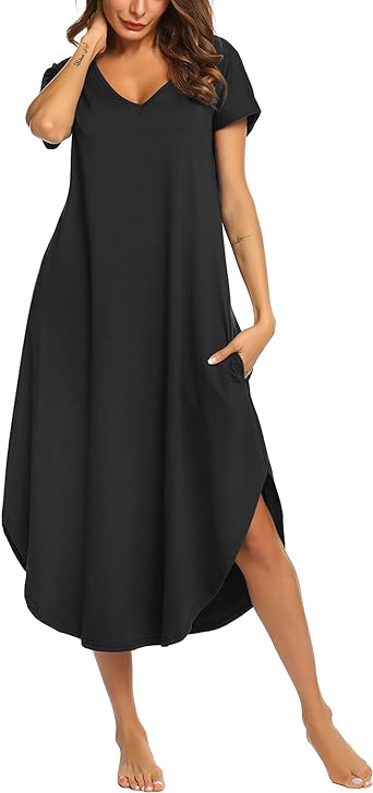 Ekouaer Nightgowns for Women V Neck Nightshirts Short Sleeve Soft Sleepwear Side Split Pockets Long Nightdress S-3XL