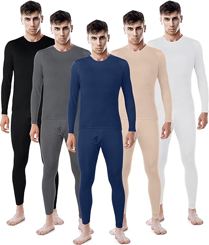 Patelai 5 Sets Men's Thermal Underwear Fleece Base Layer Set Winter Base Layer Cold Weather Top Bottom