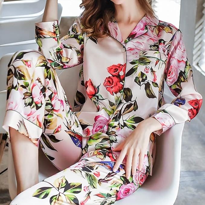 TJLSS 100% Mulberry Silk Pajamas Women Real Silk Pajama Sets Sleepwear Floral Printed Flower Long Sleeve Pyjamas Plus Size (Color : A, Size : XXL Code)