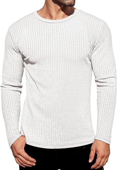 Ekouaer Men's Long Sleeve Shirts Ribbed Pullover Sweater Sim Fit Thermal Tops Crew Neck Stretchy Undershirts S-XXL