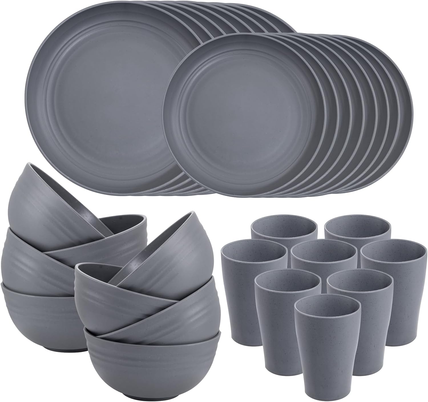 Supernal 32pcs Wheat Straw Dinnerware Sets,Unbreakable Dinnerware Sets for 8,Reusable Tableware,Straw Tableware,Dark Grey Set 16pcs Plates, 8pcs Bowls, 8pcs Cups