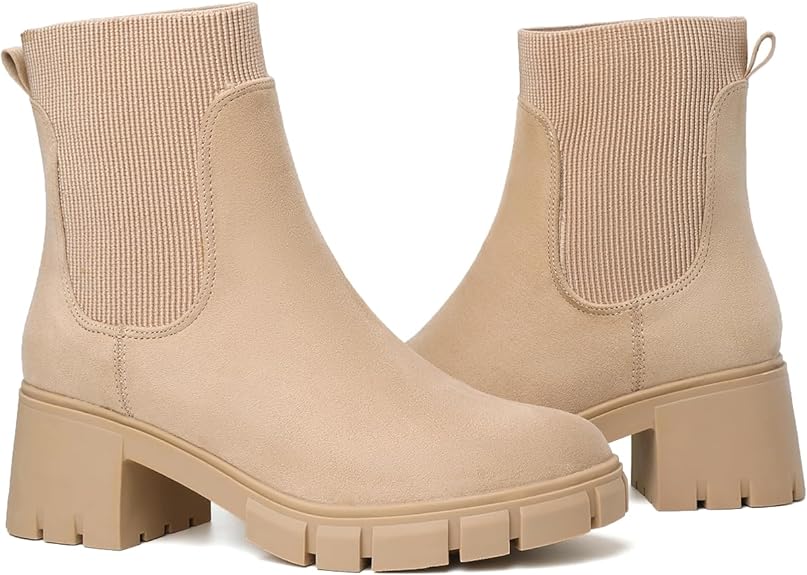 GOUPSKY Womens Ankle Boots Lug Sole Comfortable Slip On Chelsea Booties Elastic Gore