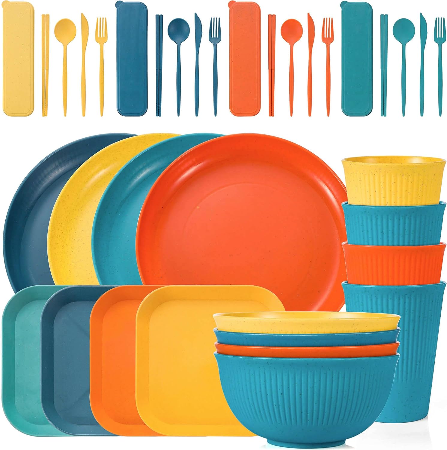 36PCS Wheat Straw Dinnerware Sets - Reusable Plates and Bowls Sets, Unbreakable Cups, Knives, Forks, Spoons & Chopstick, BPA free, Microwave, Dishwasher...
