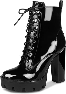 wetkiss Platform Boots for Women, Heeled Combat Boots Chunky Heel Booties Round Toe Lace Up High Heel Ankle Boots