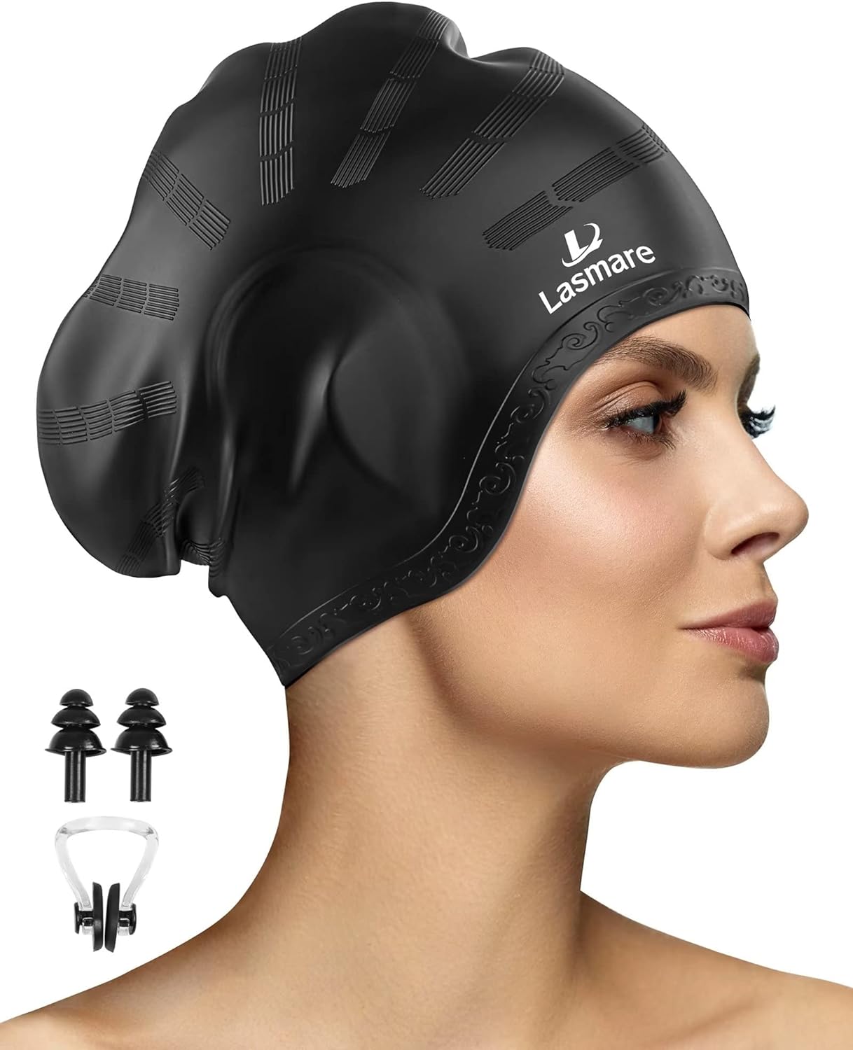 Long Hair Swim Cap for Women Men with 3D Ear Protection, Silicone Swimming Cap for Long/Short Hair to Keep Hair Dry, Waterproof Adult Swim Hats Bathing Caps...