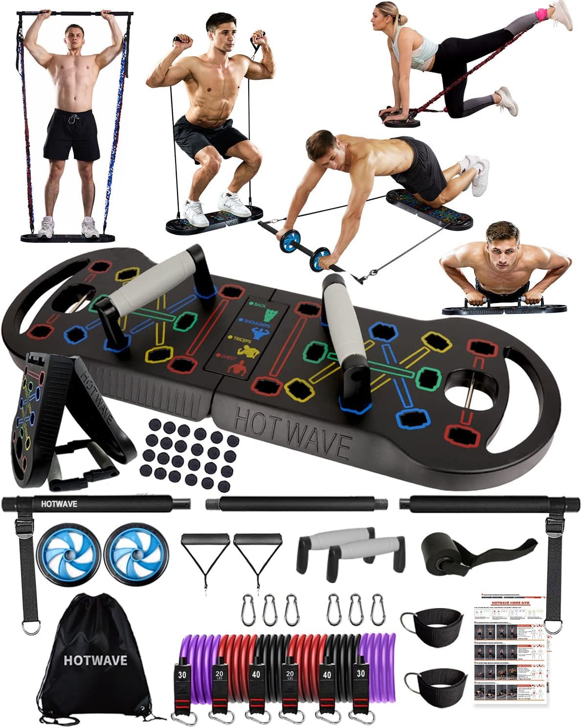 HOTWAVE Portable Exercise Equipment with 16 Gym Accessories.20 in 1 Push Up Board Fitness,Resistance Bands with Ab Roller Wheel,Full Body Workout at Home...