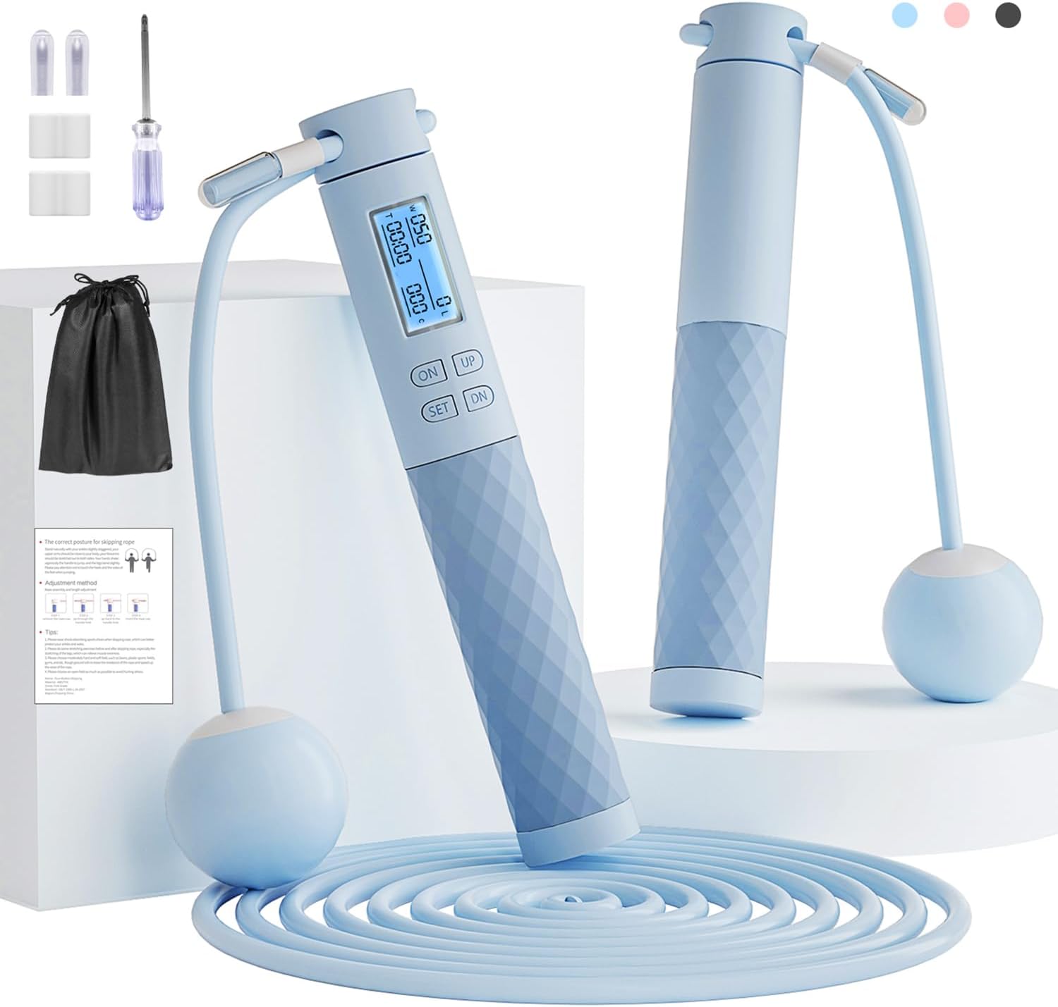 Fitness Jump Ropes with Calorie Counter and Silicone Handles for Women Men Kids with Speed Cordless Ball and 9.2 ft Adjustable Anti-Tangle PVC Wire Rope for...