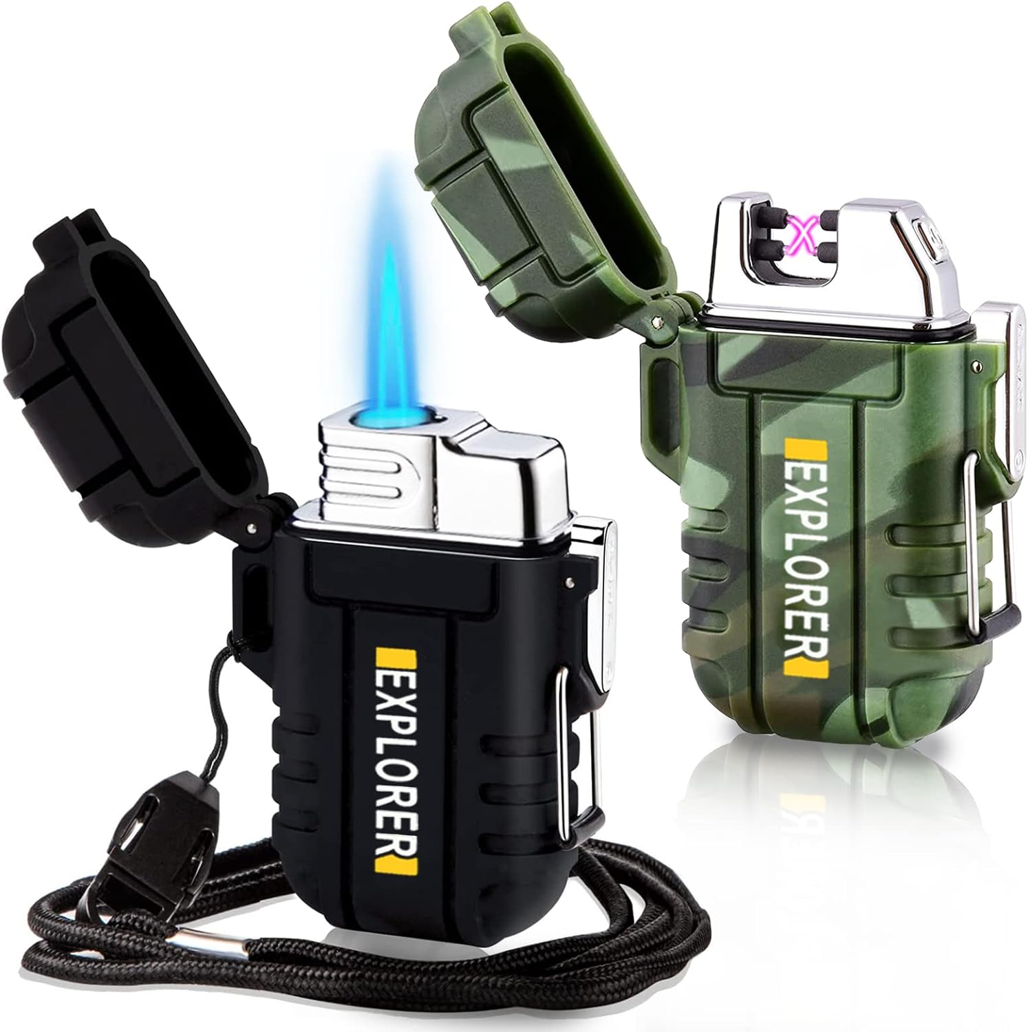 2 Pack Waterproof Lighter Outdoor Windproof Torch Lighter Dual Arc Lighter Butane Electric Lighter USB Rechargeable Lighter Flameless Plasma Lighter Camping...