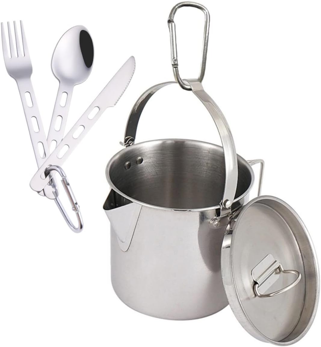 ZNZNANG Outdoor Stainless Steel Kettle ，1.2L Mountaineering Camping Teapot， Portable Hanging Pot Cookware Coffee Pot Picnic Pot