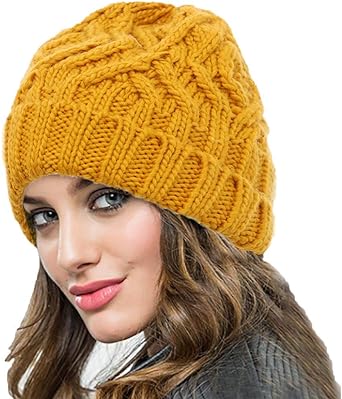 Woeoe Thick Warm Winter Hat Yellow Knitted Beanie Hats Soft Cable Knit Skull Cap Stretch Cozy Ski Head Wrap for Women and Girls