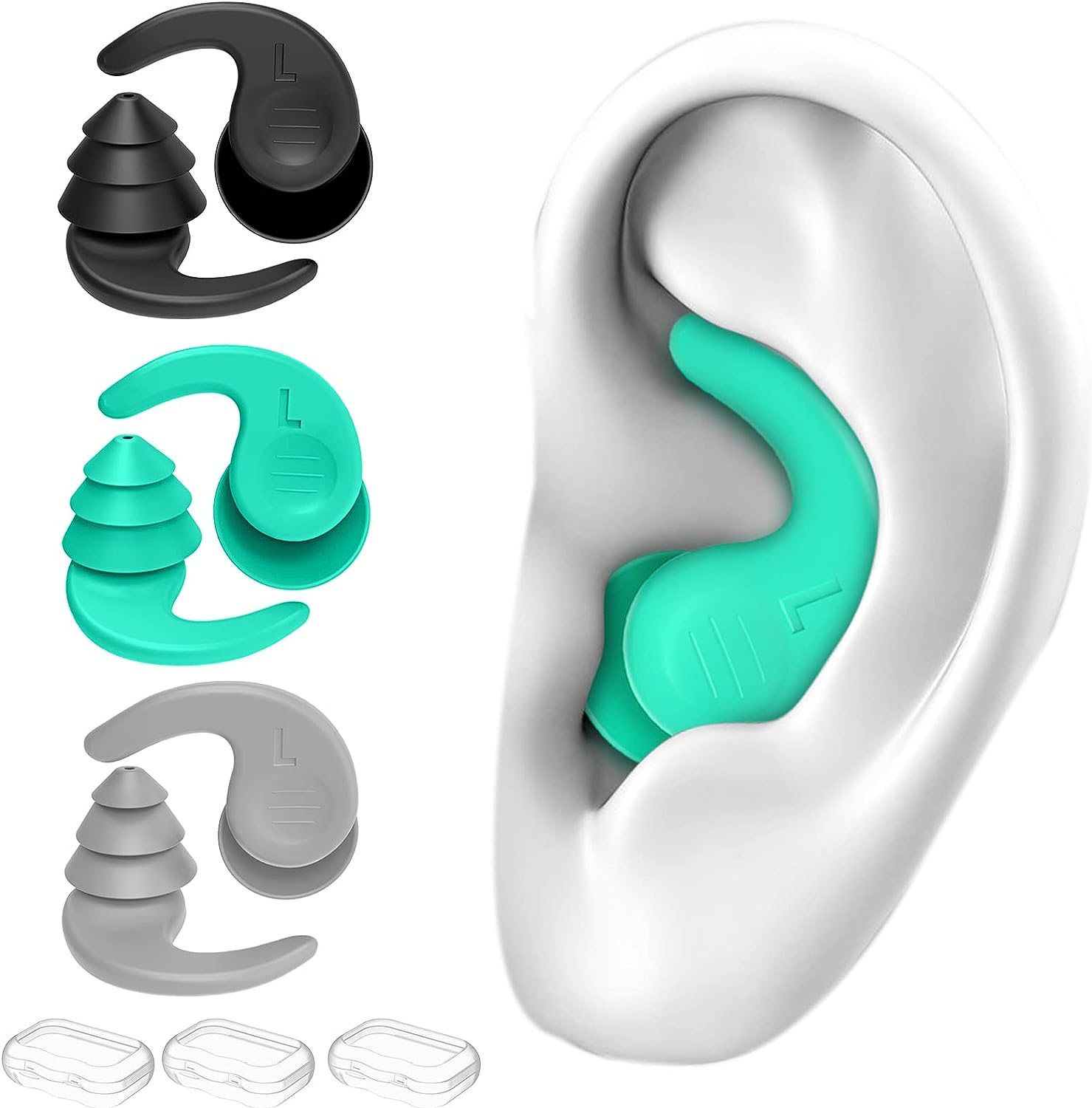FNGXX Swimming Ear Plugs, 3 Pairs Waterproof Reusable Silicone Swim Earplugs for Swimming Surfing Snorkeling and Other Water Sports (Adults & Teens 14+)