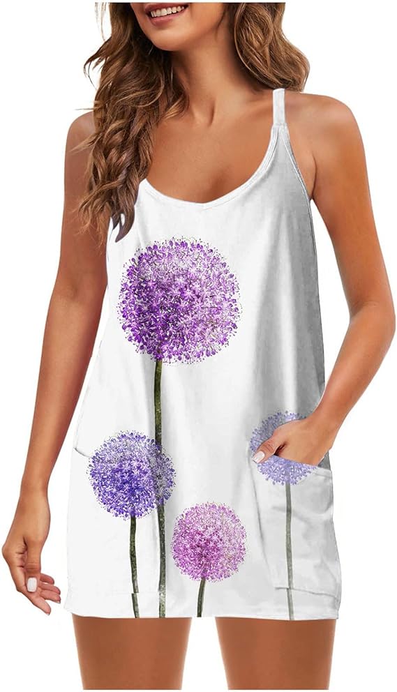 Ke1Clo Smock Dress Women's Casual Printing Suspender V-Neck Pullover Sleeveless Dresswu Sleeveless Summer Dress for Women