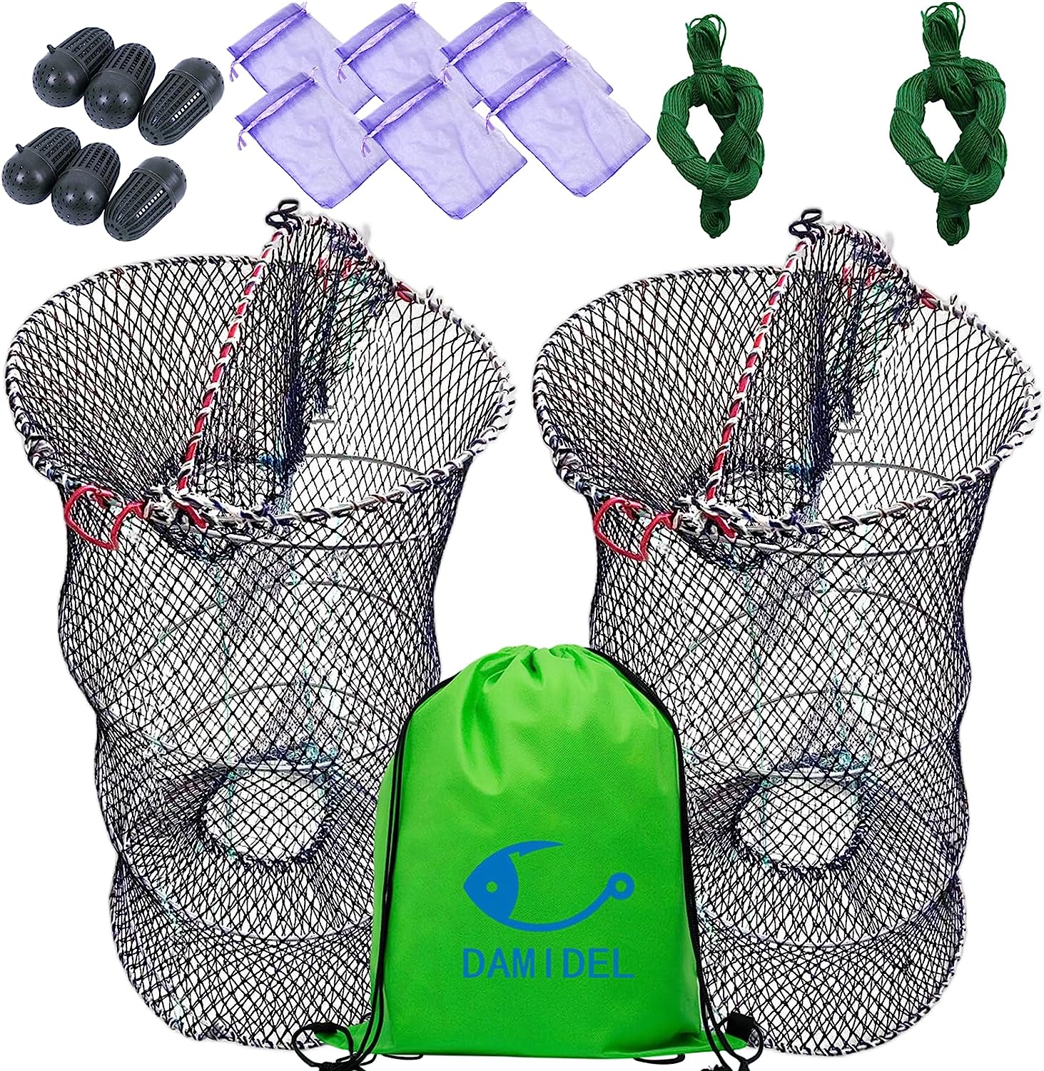 DAMIDEL 2Pcs 24in x 13in Folded Fishing Bait Trap, Half Opening Degin,0.16in Skeleton/15strands Nylon Traps Strong Foldable Nets for...