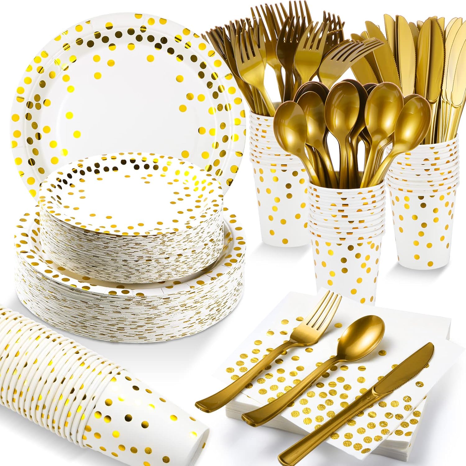 560 Pcs White and Gold Party Supplies for 80 Guests Disposable Plates Tableware Set White Disposable Paper Plates Gold Napkins Cups Forks Knives Spoons for...