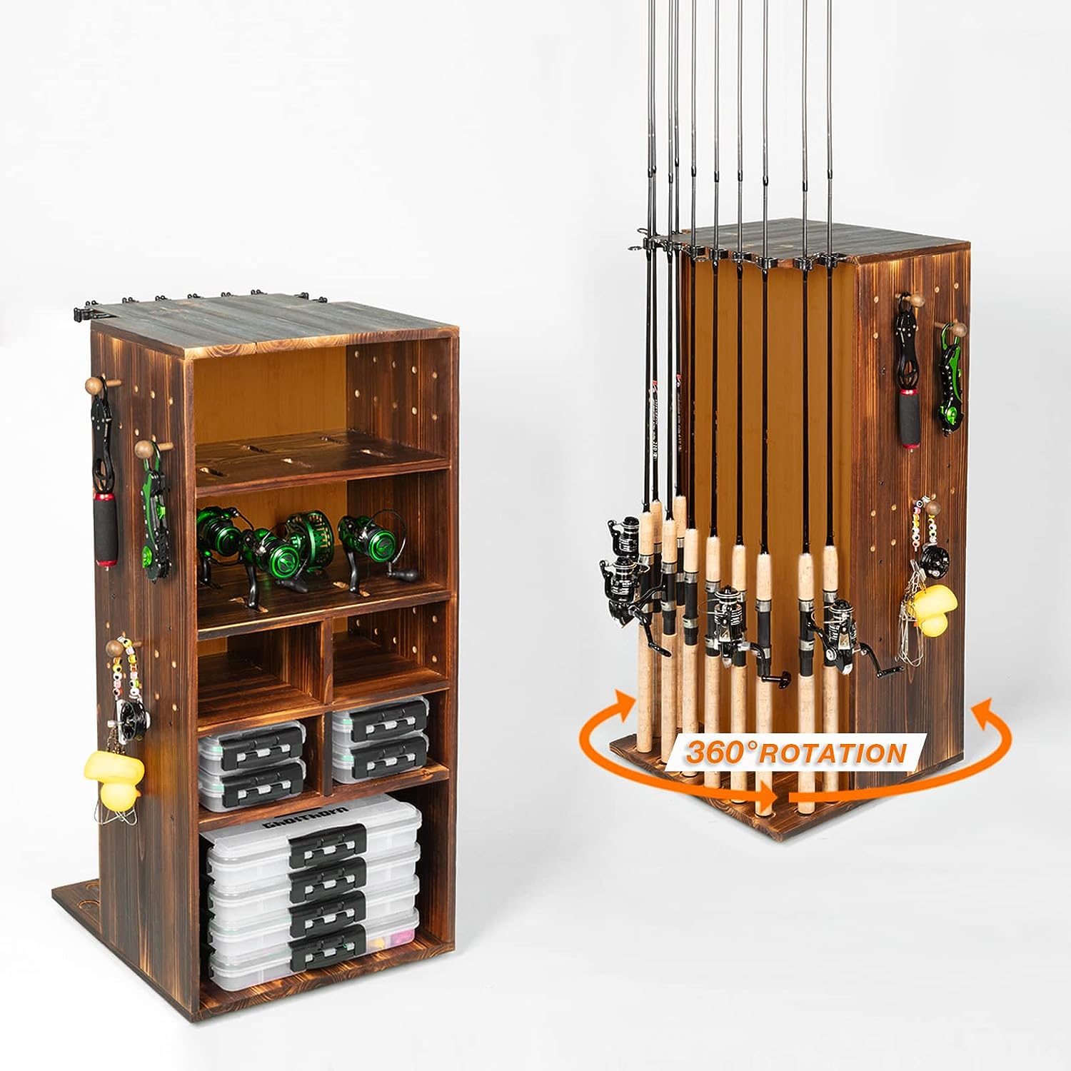 Fishing Rod Holders for Garage 360 Degree Rotating Fishing Rod Rack Pole Holders Hold up to 10 Rods or Combos Tackle Storage Gear Equipment Organizer Wood Floor Stand, Fishing Gifts for Men Women