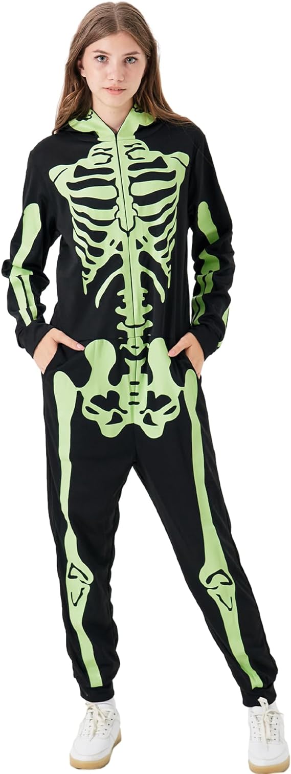Wish Care Adult Women Glow in the Dark Skeleton Costume, Zip Up Hooded Mens Skeleton Onesie Jumpsuit for Halloween Costume